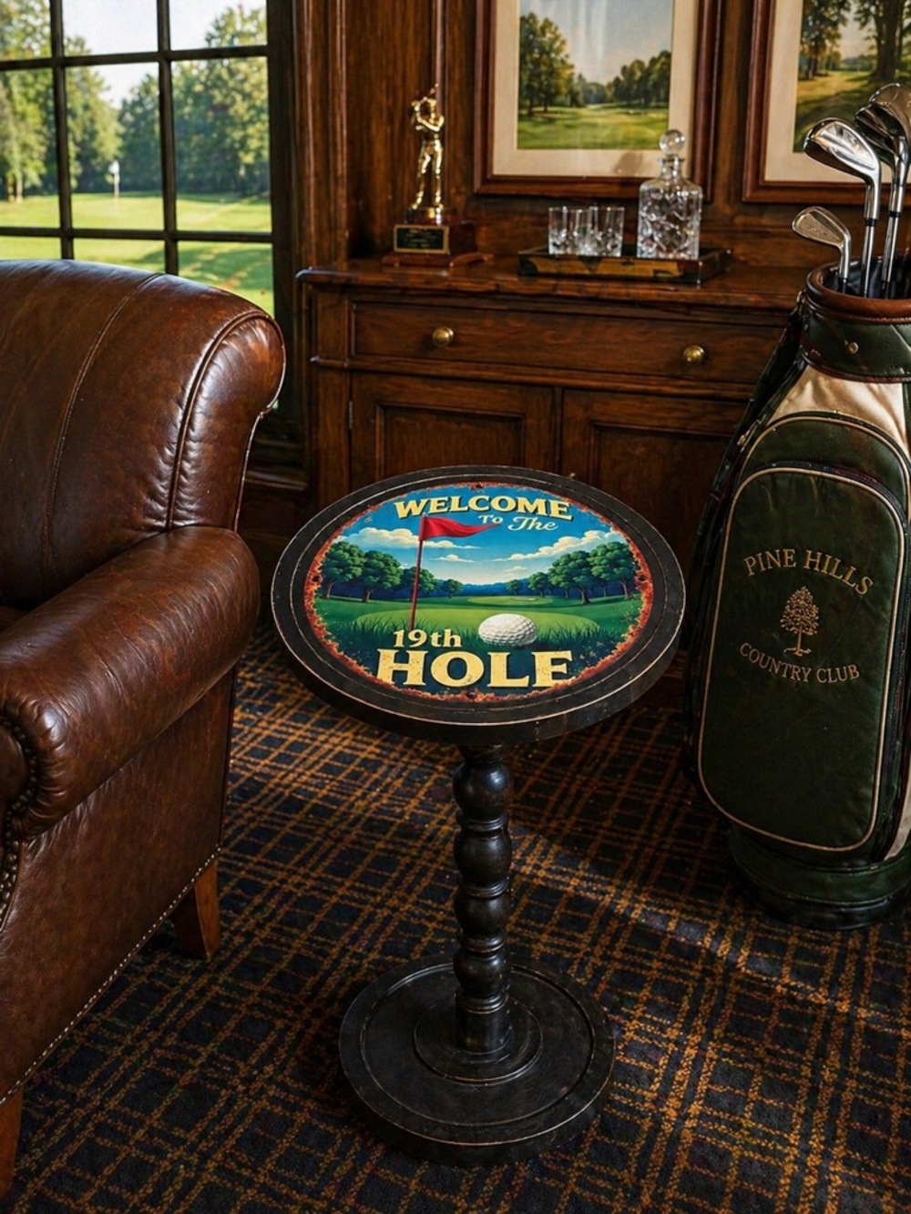 Golfer’s 19th Hole Wooden Drink Table - Rustic Pedestal Side Table